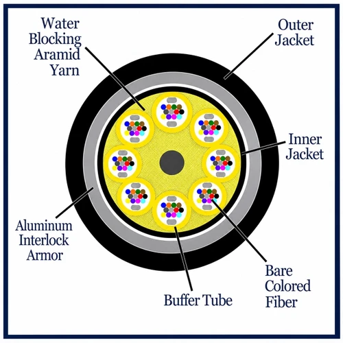 M62DL96C3NPBL25-AIA 96 Fiber, Armored Interlocking, I/O, Dry Loose Tube,  Corning® InfiniCor® 300, 23.7mm OD - 2.5mm Sub Unit, OFNP - (cross section view)