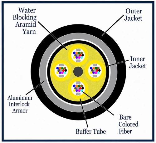 M50DL48C4NPBL25-AIA2 - 48 Fiber, Armored Interlocking, I/O, Dry Loose Tube,  Corning® ClearCurve® OM4, 16.2mm OD - 2.5mm Sub Unit, OFNP - (cross section view)