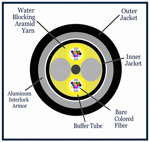 M50DL24C4NPxx25-AIA2 - 24 Fiber, Armored Interlocking, I/O, Dry Loose Tube,  Corning® ClearCurve® OM3, 16.2mm OD - 2.5mm Sub Unit, OFNP - (cross section view)