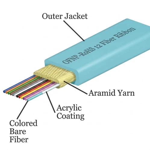 M50RB12CGNPA - 12 Fiber, OM3, Indoor, Ribbon, Plenum, 2.4mm x 4.8mm OD, Corning® ClearCurve®, side view in Aqua