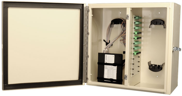 045-042-10 - NEMA 4 Rated, 12 Panel Fiber Distribution Unit, open box with fiber