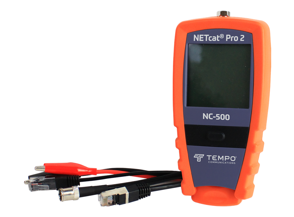 NC-500 - NETcat PRO 2 Tester Kit - vertical image of unit with various connector options to left of unit