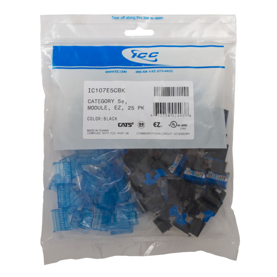ICC, EZ Category 5e Modular RJ-45 Jacks, 25-pack, Black