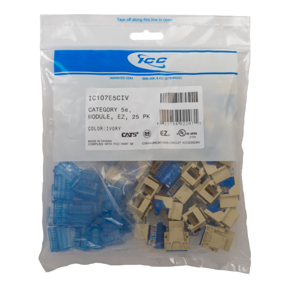 ICC, EZ Category 5e Modular RJ-45 Jacks, 25-pack, Ivory