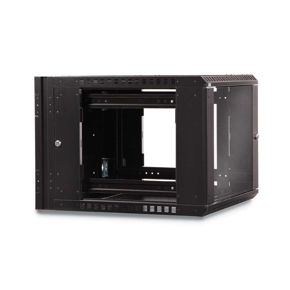 9U LINIER® Swing-Out Wall Mount Cabinet - Glass Door, angled back view