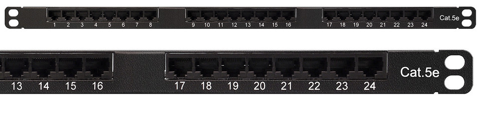 Patch Panel, Cat5e, 24 Port, 1/2U, Ultra-High-Density, Dual 568A/B color coding, 110-Type Termination, Integrated Wire Management on Rear