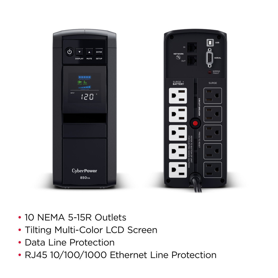 CP850PFCLCD - CyberPower 850VA CP PFC UPS Pure SineWave - front and back side by side