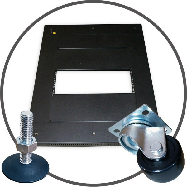FE7019-34-02x - Quest Mfg. 700 Series Floor Enclosure, 34U wheels / feet close up