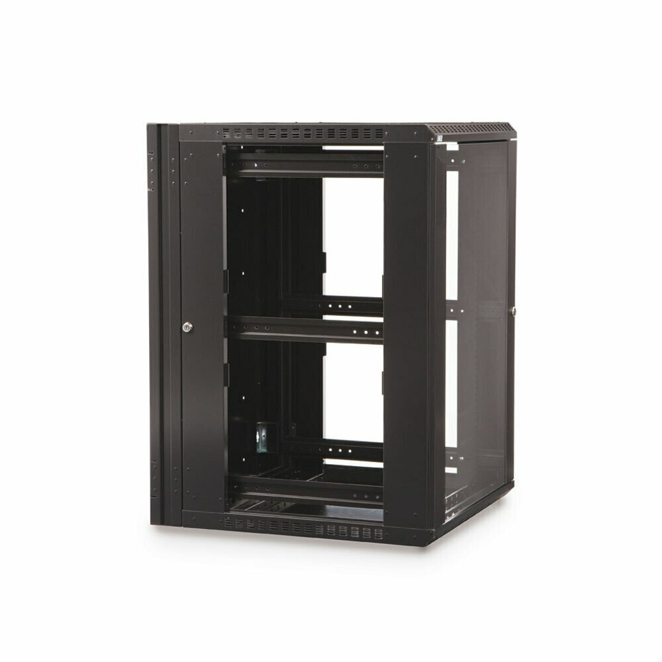 18U LINIER® Swing-Out Wall Mount Cabinet - Vented Door, angled see through view