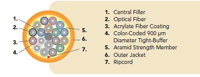 6-Strand OCC DX Series 900um Tight Buff, OFNP, MM 50/125 OM4