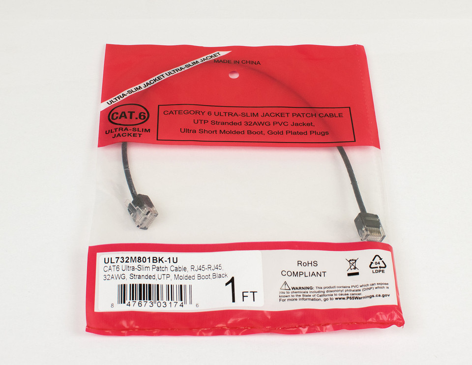 UL732M801BK-1U - Ultra Slim Cat6 Ethernet Patch cable Stranded 32awg, UTP, Bare Copper, PVC. Ultra Short molded boot, Black Jacket, in bag