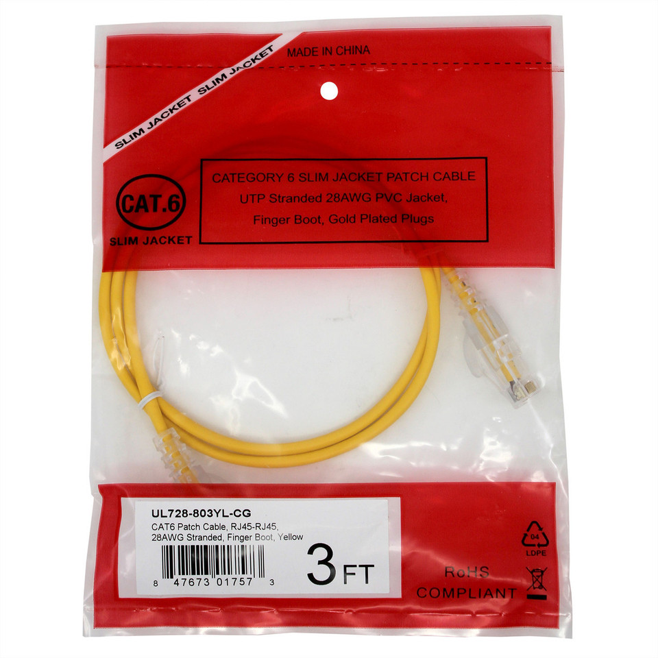 UL728-8006YL-CG - Cat6, 28AWG, Finger Boot, "Slim Jacket", Yellow Jacket, in packet