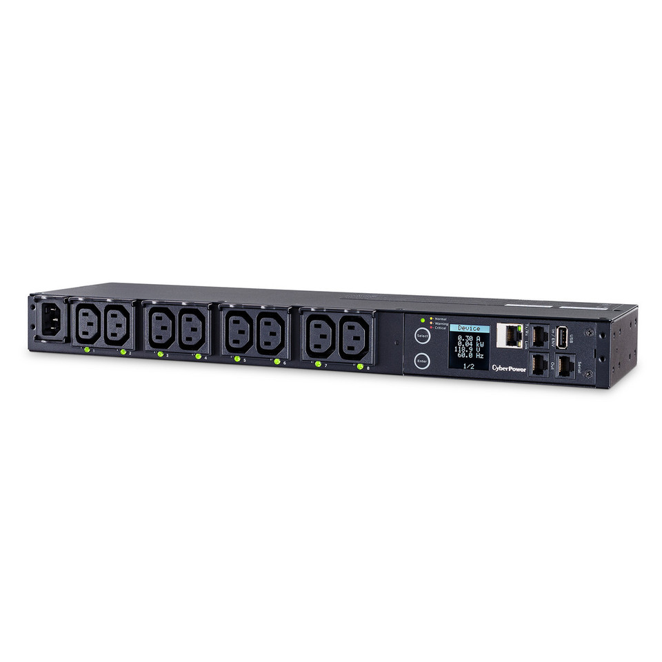 Switched PDU 15A 240V (8) IEC-320 C19, (1) IEC-320 C14 Plug, 1 RMS (left)