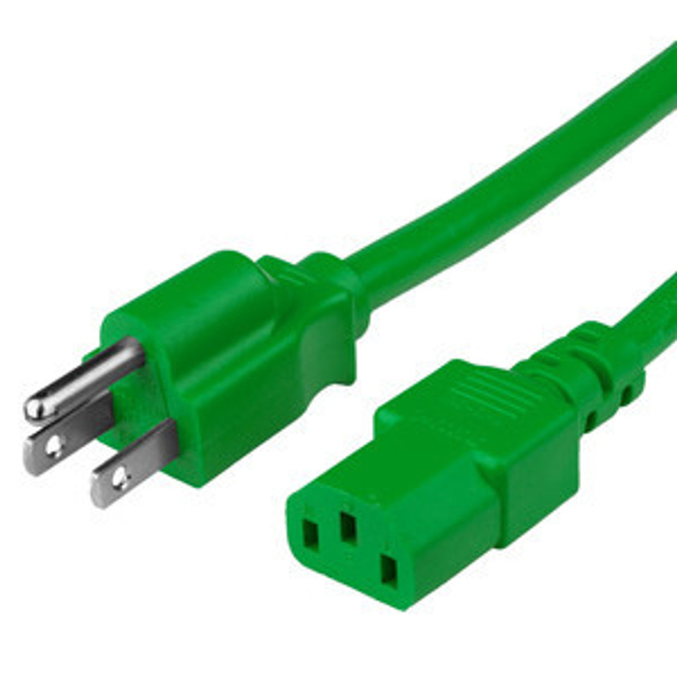 51513-F-012-GRN - Power Cord, NEMA, 5-15P, C13, 18/3, 10Amp, 125V, SJT Jacket , Green Jacket, cord ends