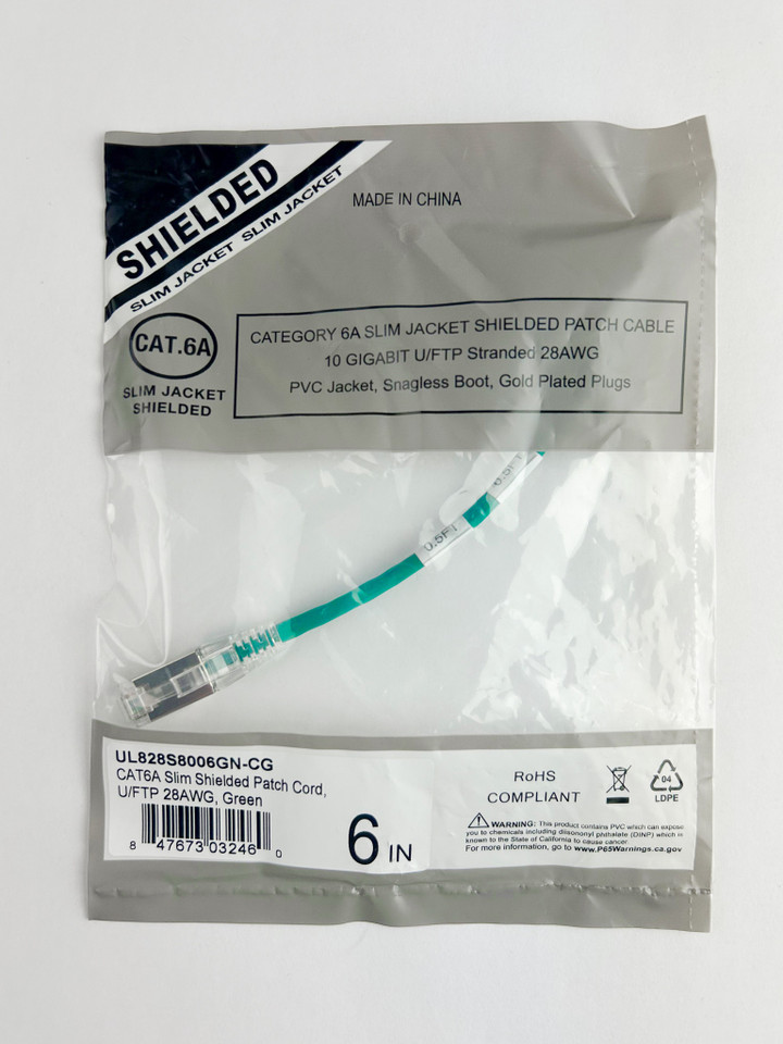 Cat6A Slim Jacket Shielded (STP) Ethernet Cable - Green Jacket, Bagged