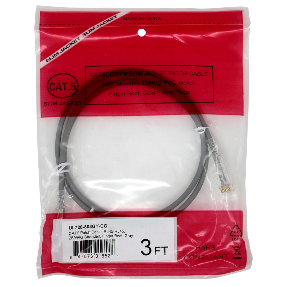 Cat6, 28AWG, Finger Boot, "Slim Jacket", Gray Jacket