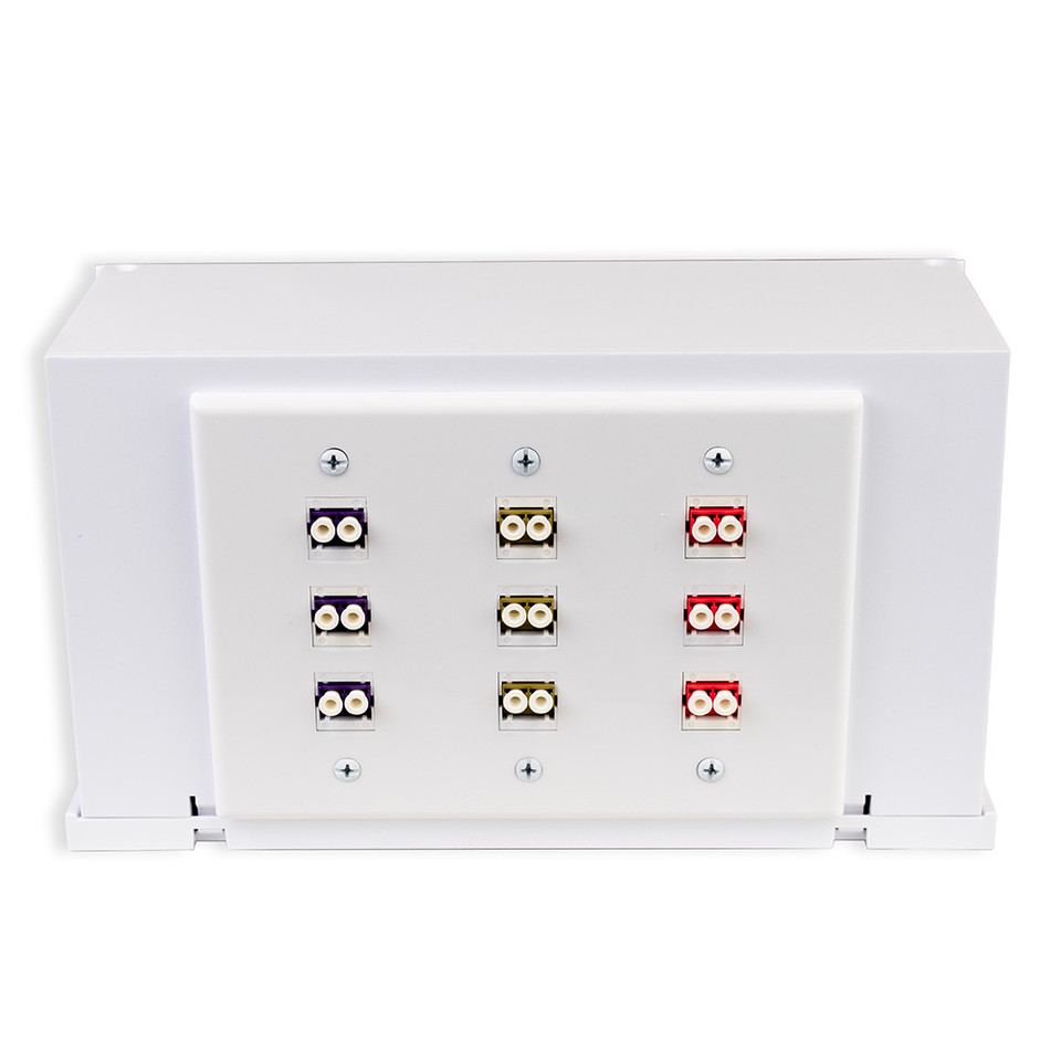 FTTD (Fiber to the Work Station), 3 Gang 9 Port, Fiber Box, White, Loaded with Keyed LC Couplers