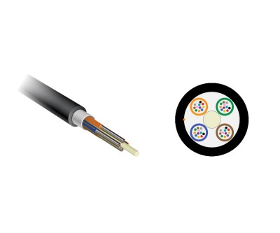 12 Fiber, Singlemode Bend Tolerant, Gel Free, Loose Tube Outside Plant (OSP), PE Black Jacket, cross-section view