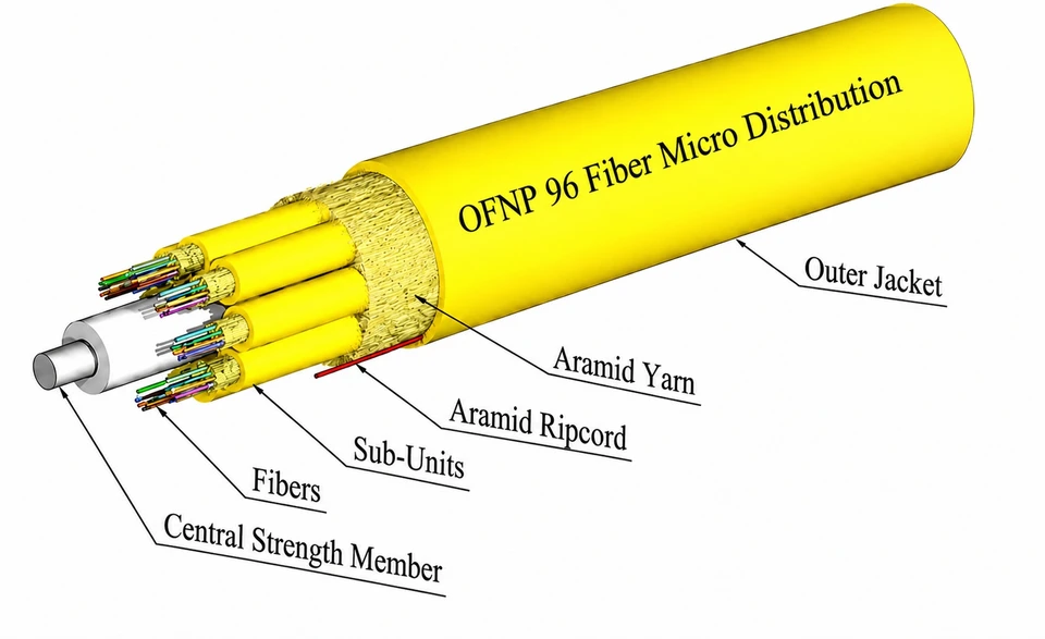 S09MD96CZNPY20-Y - 96 Fiber, SM, Micro Distribution, Plenum, 9.3 OD - 2.0mm subs, Yellow Jacket (price per foot), outside to inside view