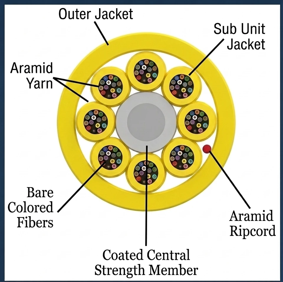 S09MD96CZNPY20-Y - 96 Fiber, SM, Micro Distribution, Plenum, 9.3 OD - 2.0mm subs, Yellow Jacket (price per foot), inside cable cross section