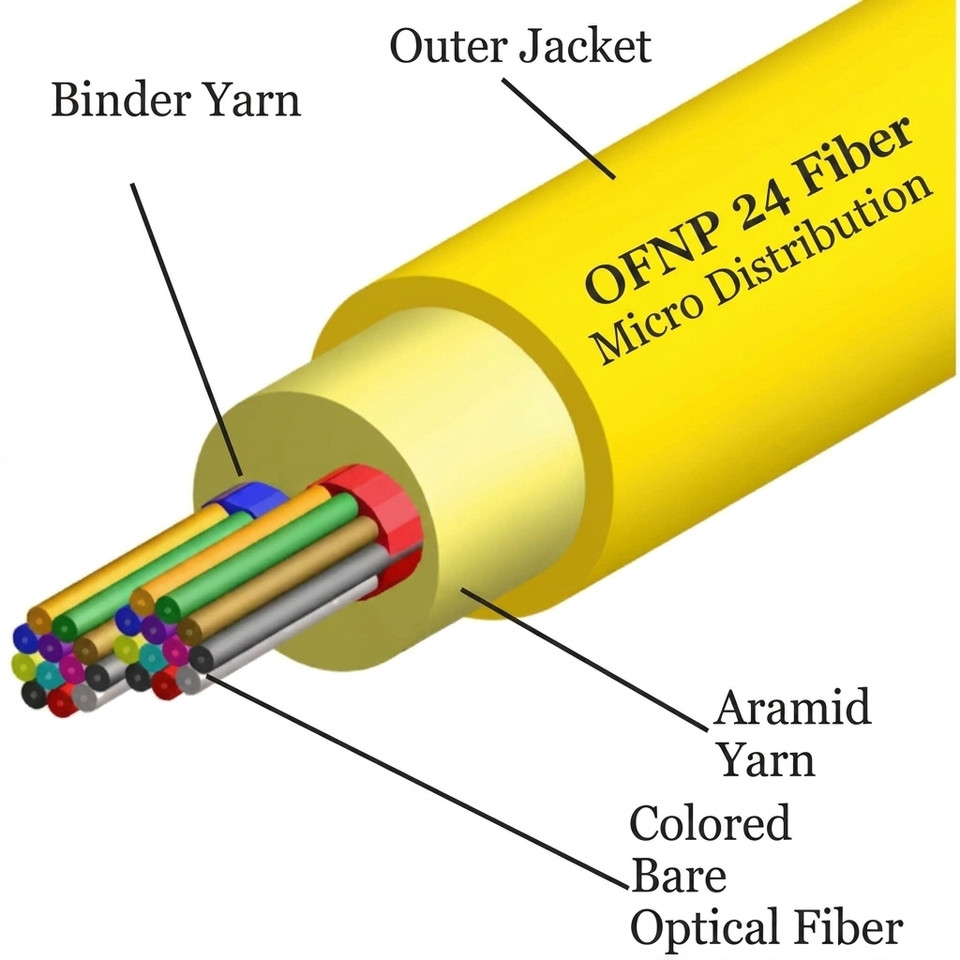 S09MD24CZNPY-Y-TW - 24 Fiber, SM, Indoor, Micro Distribution, Plenum, 8.2mm OD - 3.0mm Subs, Yellow Jacket, (price per foot), outside to inside view