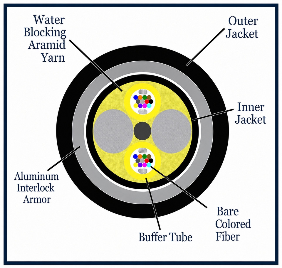 S09DL24CZNRxx25-AIA2 - 24 Fiber, Armored Interlocking, I/O, Dry Loose Tube,  Corning® SMF-28® Ultra, 16.2mm OD - 2.5mm Sub Units, OFNR - (cross section view)