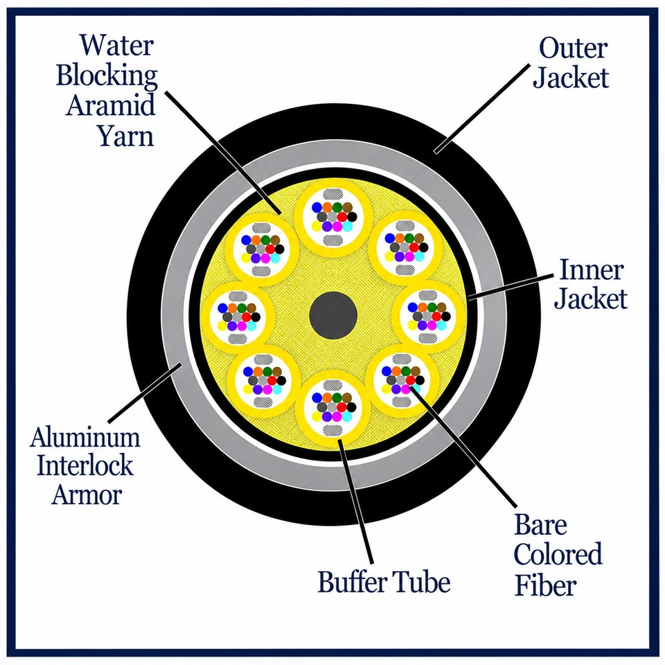 S09DL96CZNRxx25-AIA - 96 Fiber, Armored Interlocking, I/O, Dry Loose Tube,  Corning® SMF-28® Ultra, 23.7mm OD - 2.5mm Sub Units, OFNR - (cross section view)