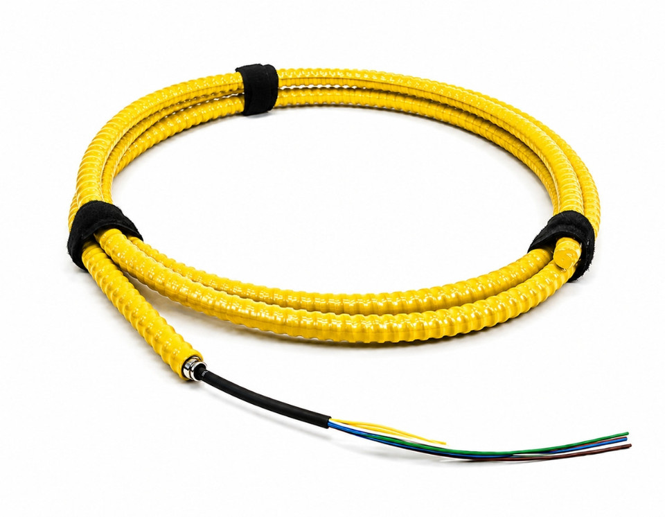 S09DL06CZNPxx25-AIA2 - 6 Fiber, Armored Interlocking, I/O, Dry Loose Tube,  Corning® SMF-28® Ultra, 13.0mm OD, OFNP - coiled view in yellow