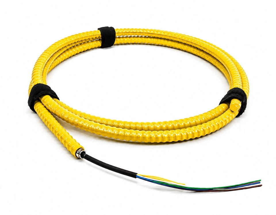 S09DL72CZNPxx25-AIA - 72 Fiber, Armored Interlocking, I/O, Dry Loose Tube,  Corning® SMF-28® Ultra, 19.4mm OD, OFNP - coiled view in yellow