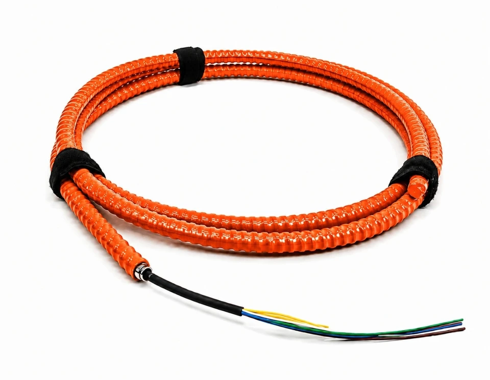M62DL48C3NPxx25-AIA2 - 48 Fiber, Armored Interlocking, I/O, Dry Loose Tube,  Corning® InfiniCor® 300, 13.0mm OD - 2.5mm Sub Unit, OFNP - coiled view in orange