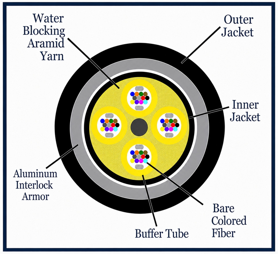 M62DL48C3NRxx25-AIA2 - 48 Fiber, Armored Interlocking, I/O, Dry Loose Tube,  Corning® InfiniCor® 300, 16.2mm OD - 2.5mm Sub Unit, OFNR - (cross section view)