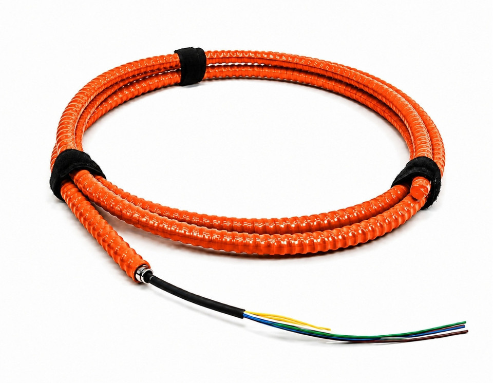 M62DL96C3NRxx25-AIA - 96 Fiber, Armored Interlocking, I/O, Dry Loose Tube,  Corning® InfiniCor® 300, 23.7mm OD - 2.5mm Sub Unit, OFNR - coiled view in orange