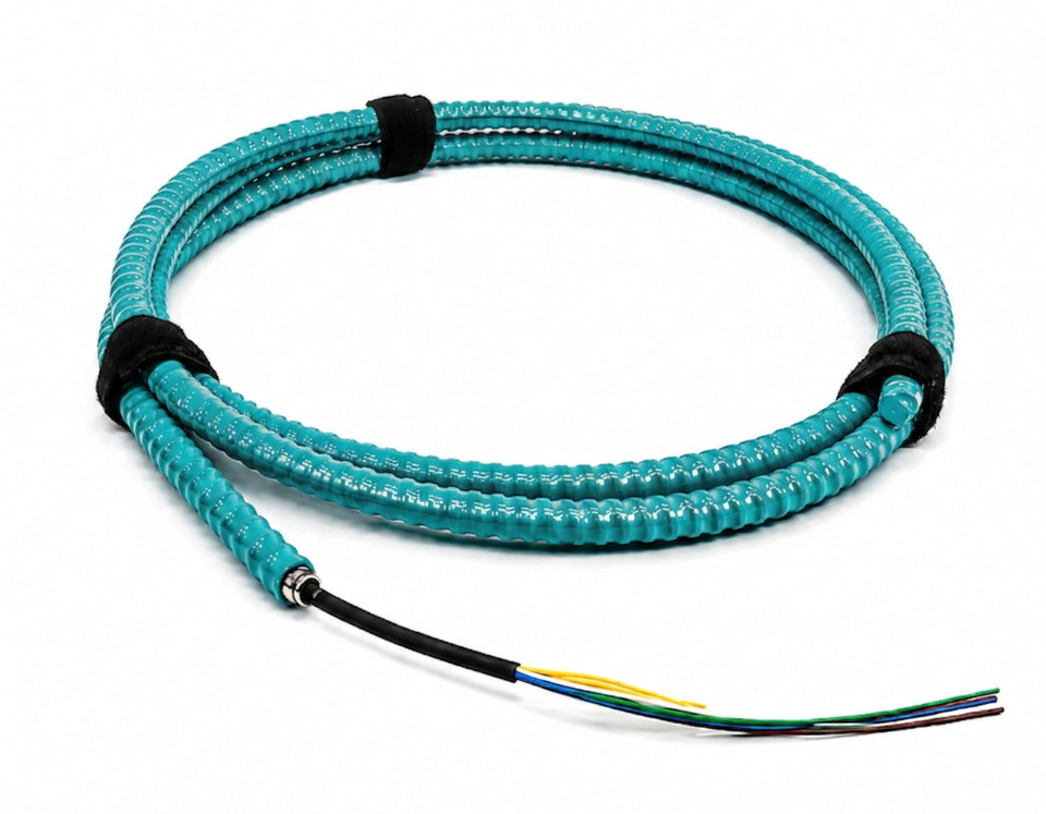 M50DL24CGNRBL25-AIA2 - 24 Fiber, Armored Interlocking, I/O, Dry Loose Tube,  Corning® ClearCurve® OM3, 16.2mm OD - 2.5mm Sub Unit, OFNR  - coiled view in aqua