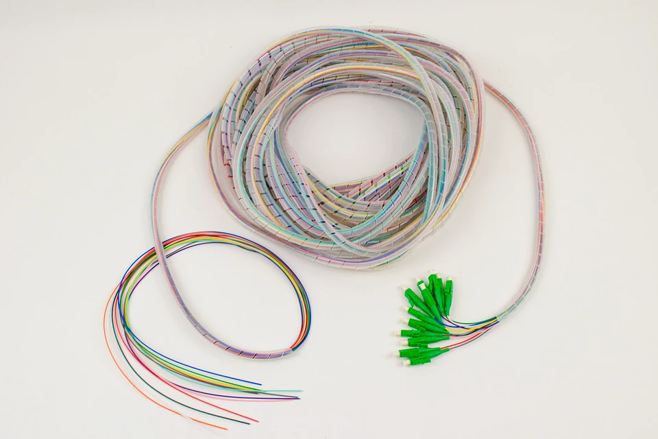 Pigtail, Singlemode, LC/APC, 900um Tight Buffer, TIA 12 Color with Clear Spiral Wrap, 12 PACK, 50 Foot