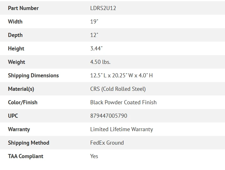Specifications chart