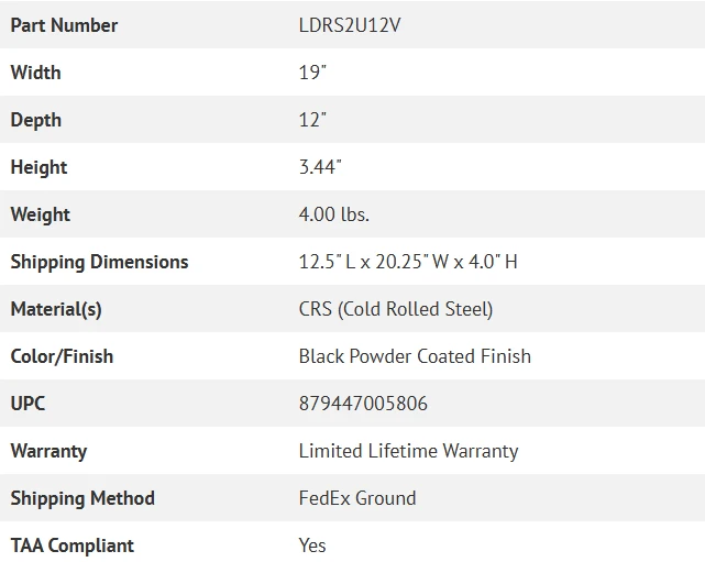 Specifications chart