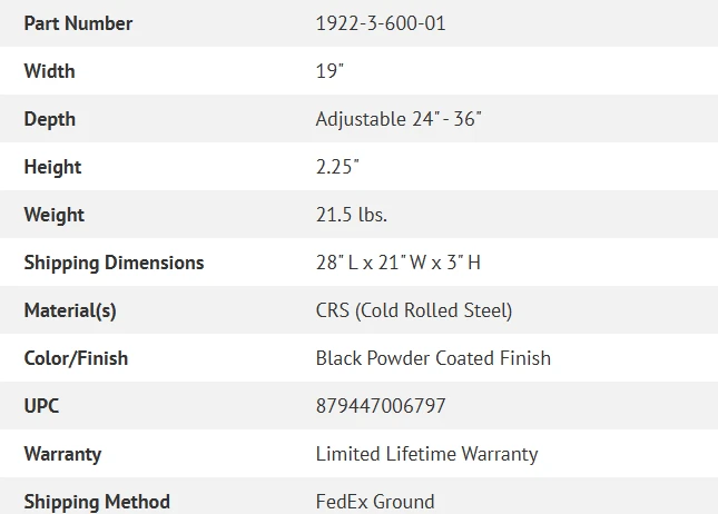 Specifications chart