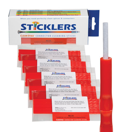 MCC-S16 - Cleaning stick for 1.6mm ferrules (MIL-C-38999 even with adapters, MTRJ, D4, Mil T 29504/14, etc.) in alignment sleeves. 50 stixx per box, 6 boxes per case, 300