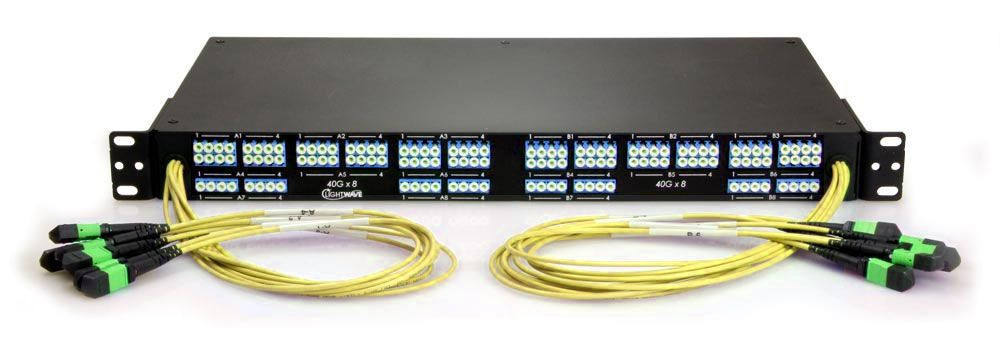 High Density Fiber Optic Patch Panel, MTP to LC Breakout Panel, Front-(16) MTP/8 Fiber QSFP Interface, 64 Duplex LC Ports, 128 Strand, 9/125 Singlemode OS2, 1 RMS