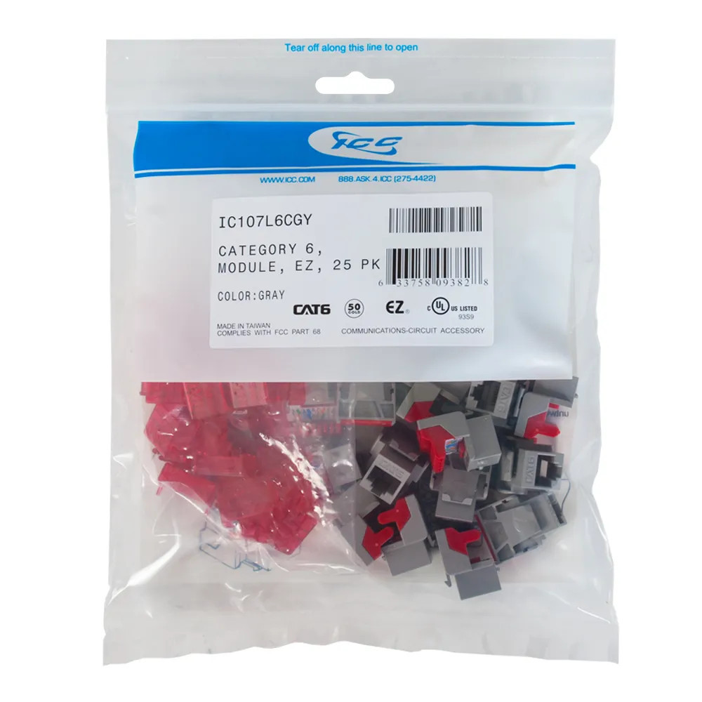 IC107L6CGY - ICC, CAT 6 Module, RJ45, EZ 25 PK, gray