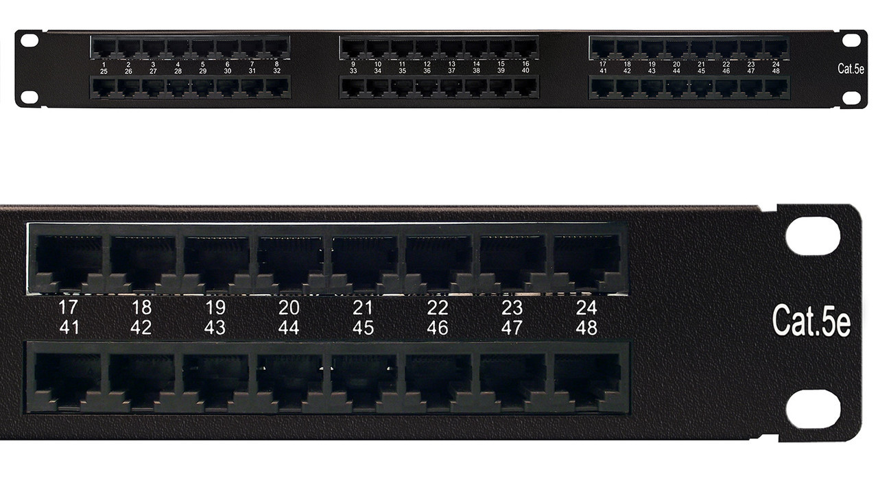 Patch Panel, Cat5E, 48 Port, 1U, Ultra-High-Density, Dual 568A/B color coding, 110-Type Termination, Integrated Wire Management on Rear