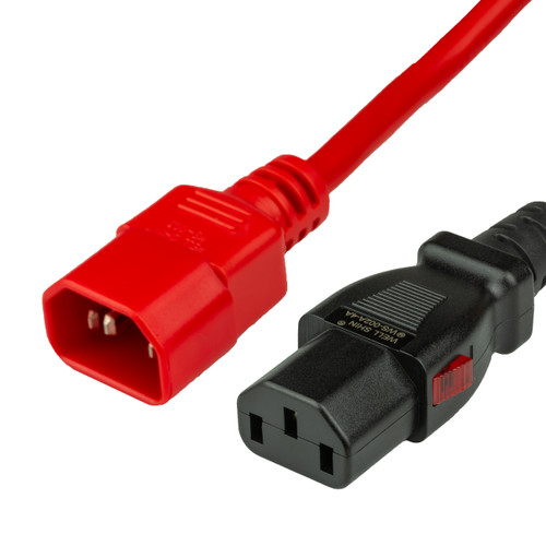 A-Lock Secure Locking Power Cord, C13 (A-Lock) to C14, 18 AWG, 10 Amp, 250V, SJT Jacket, Red