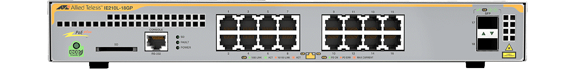 Allied Telesis IE210L-18GP Ethernet Switch - 16 Ports - Manageable - Gigabit Ethernet - 2 Layer Supported - 2 SFP Slots Twisted Pair, Optical Fiber - Desktop