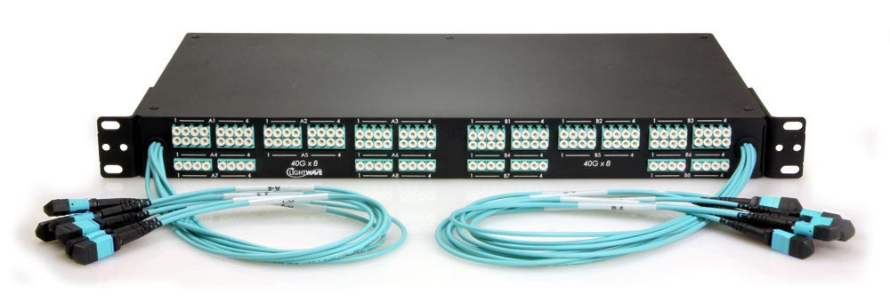 High Density Fiber Optic Patch Panel, MTP Elite to LC Breakout Panel,  Front-(8) MTP/16 Fiber QSFP Interface, 64 Duplex LC Ports, 128 Strand, 50/125 Multimode OM3, 1 RMS