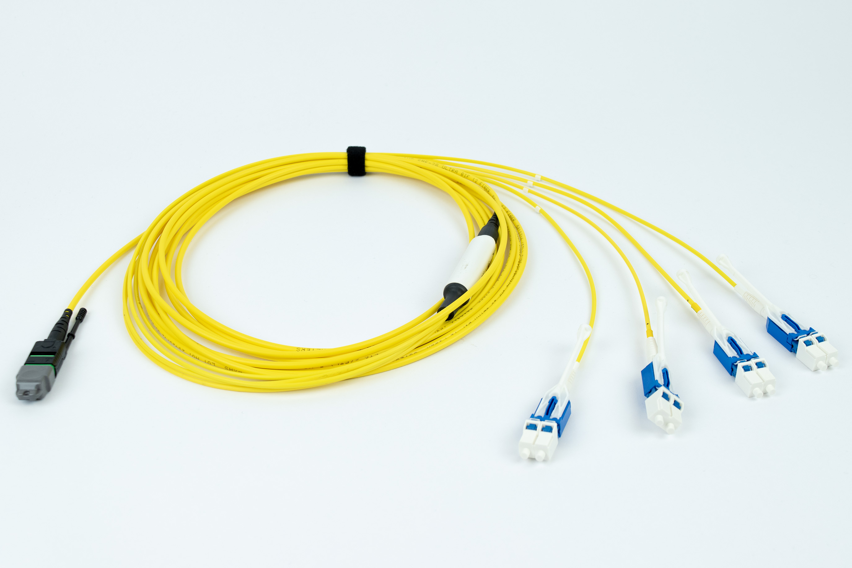 Fiber Cable, MTP/APC 12 (F) - (4 ea) LC/PC (Uniboot), 8 Fiber, OFNP, 9/125 OS2, Indoor, Nanocore 3.0mm, Yellow Jacket, 5 Meter, 2ft Breakout, (QSFP+ to 4 SFP+)
