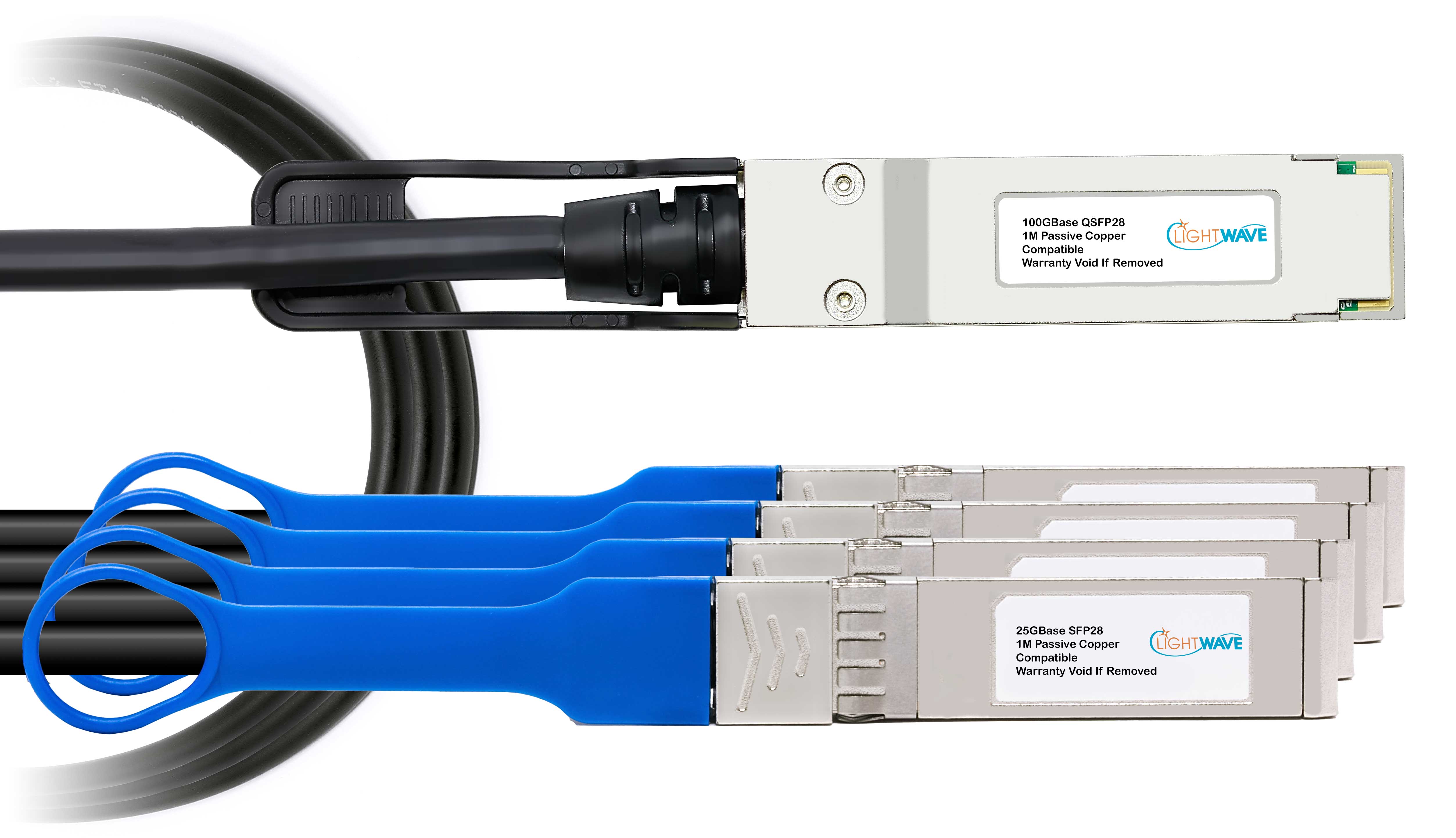 Cumulus Compatible 100GbE Q28 to 4xSFP28 Passive Breakout Direct Attach Cable Cumulus Compatible 100GbE Q28 to 4xSFP28 Passive Breakout Direct Attach Cable