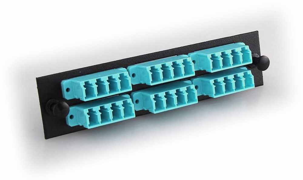 Fiber Optic Adapter Panel, 24-Fiber, LC Quad, Zirconium Insert, Multimode OM3/OM4, Aqua