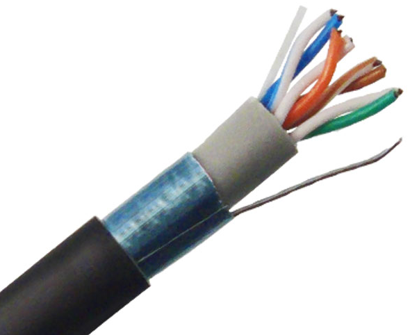 Cat5E Direct Burial Cable, UTP, 4PR, 24AWG, 350MHz,Waterblock Tape, 1000' Wood Reel, Black - Image 1