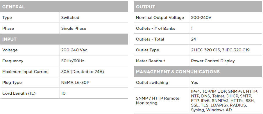 Switched PDU 41104 Product Specifications