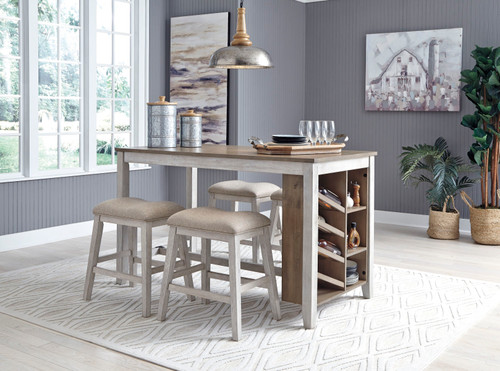 Skempton - White/Light Brown - 5 Pc. - Rectangular Counter Table with Storage, 4 Upholstered Stools